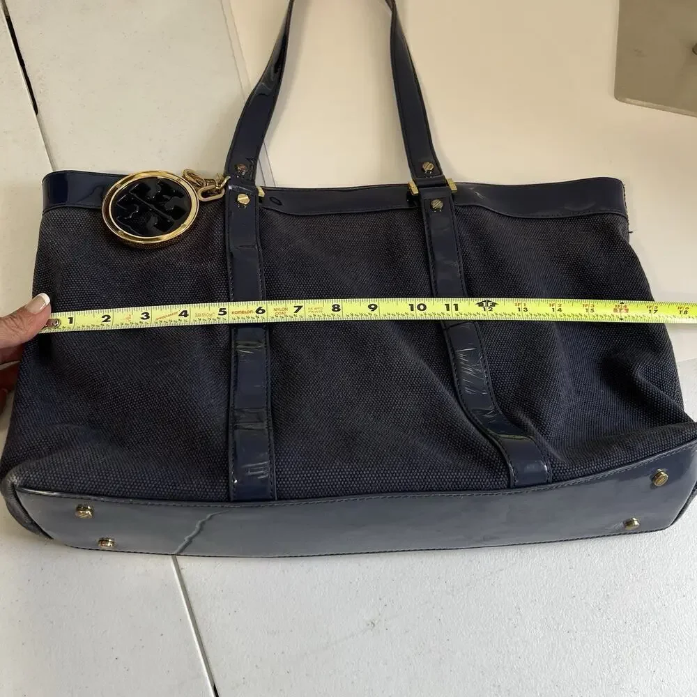 Tory Burch Canvas Jane Tote Shoulder Bag Beach Navy Blue Double Straps Travel